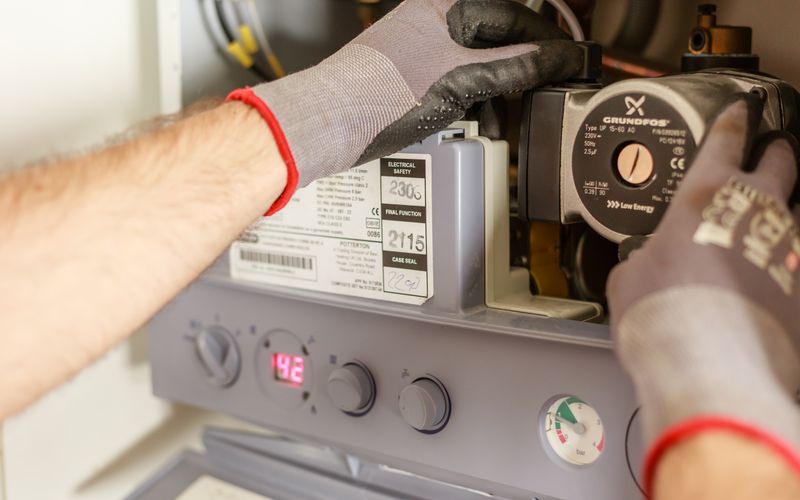 Technician repairing a water heater control unit